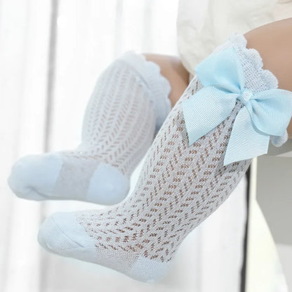 GIRL'S CUTE BOW SOLID MESH MID-CALF SOCKS