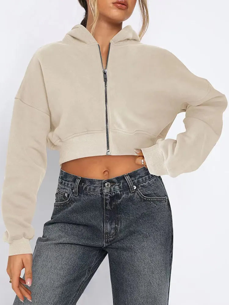 LADIES CASUAL SOLID LONG-SLEEVE ZIP-UP LOOSE HOODIES