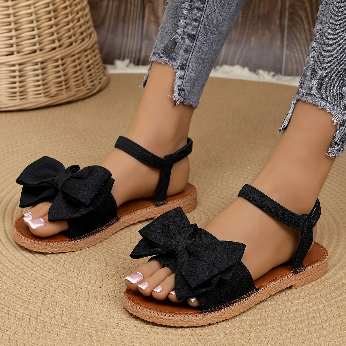 LADIES FASHION CASUAL SOLID CLOTH-COVERED BOWKNOT FLAT SANDALS