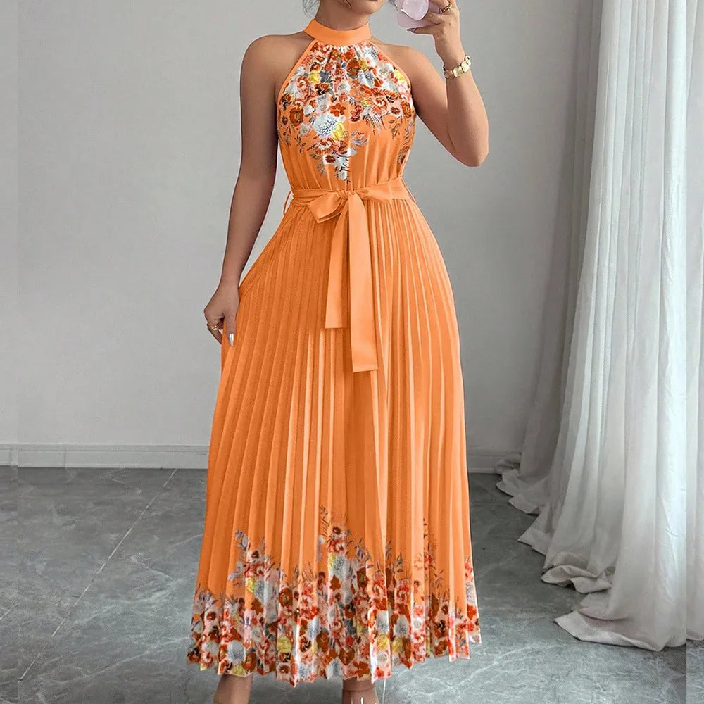 LADIES ELEGANT SUMMER HALTER LACE-UP SLEEVELESS PLEATED DRESS