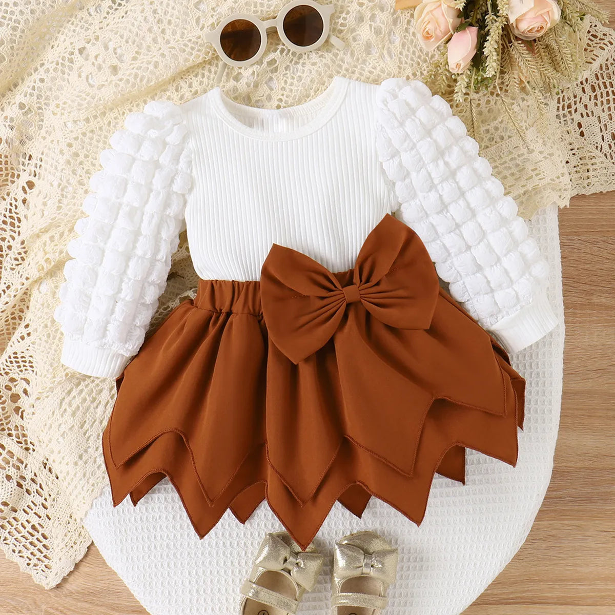 GIRL'S SPRING SOLID PUFF SLEEVE TOP AND SKIRT 2PCS SET