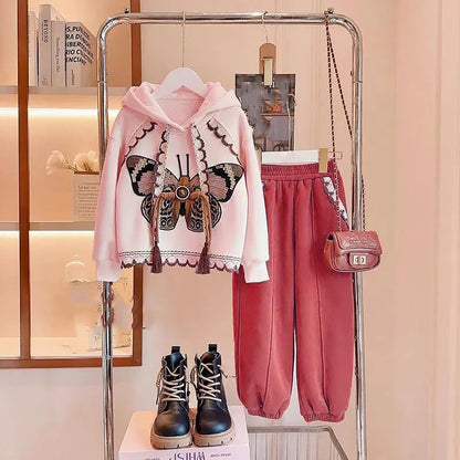 GIRL'S SPRING AUTUMN BUTTERFLY HOODIES TROUSER 2PCS SET