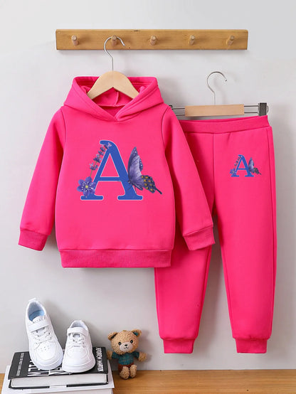 GIRL'S LETTER FLEECE-LINED WARM HOODIE  PANTS 2PCS SET