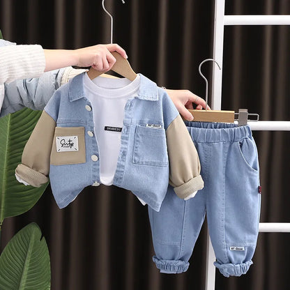 BOY'S LAPEL LONG-SLEEVE DENIM JACKET JEANS  3PCS SET