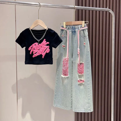 GIRL'S DIMENSIONAL GRAFFITI S WIDE-LEG RIPPOED JEANS 2PCS SET
