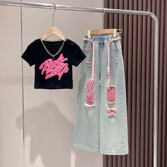 GIRL'S DIMENSIONAL GRAFFITI S WIDE-LEG RIPPED JEANS 2PCS SET