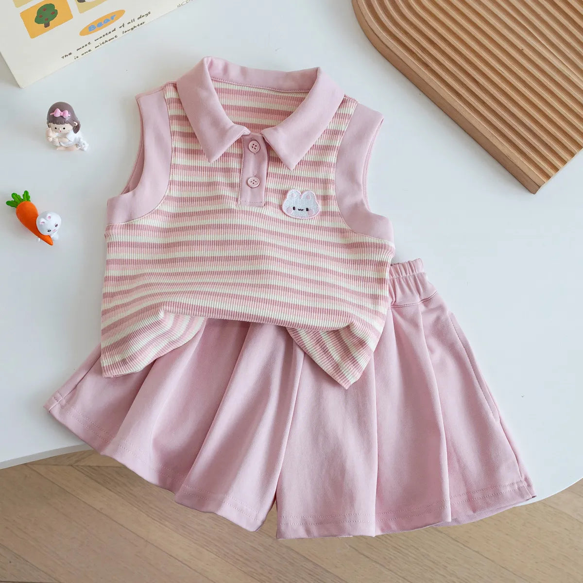 GIRL'S CUTE STRIPE SLEEVELESS TANK TOP 2PCS SET