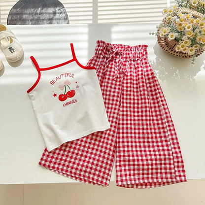 GIRL'S CASUAL COTTON FLORAL CAMISOLE WIDE-LEG PANTS 2PCS SET