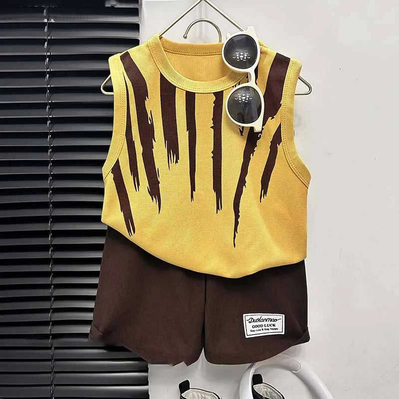 BOY'S TODDLER SUMMER  STRIPE  SLEEVELESS TANK TOP 2PCS SET