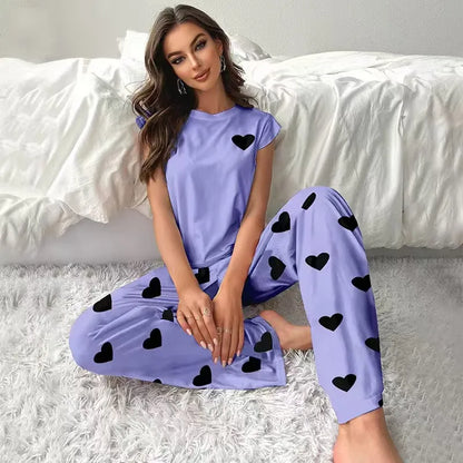 LADIES  CAUAL PRINTED LOVE LOOSE PANTS PYJAMAS 2PCS SET