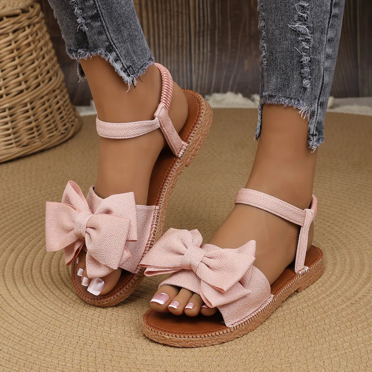 LADIES FASHION CASUAL SOLID CLOTH-COVERED BOWKNOT FLAT SANDALS