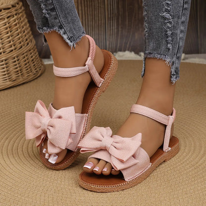 LADIES FASHION CASUAL SOLID CLOTH-COVERED BOWKNOT FLAT SANDALS