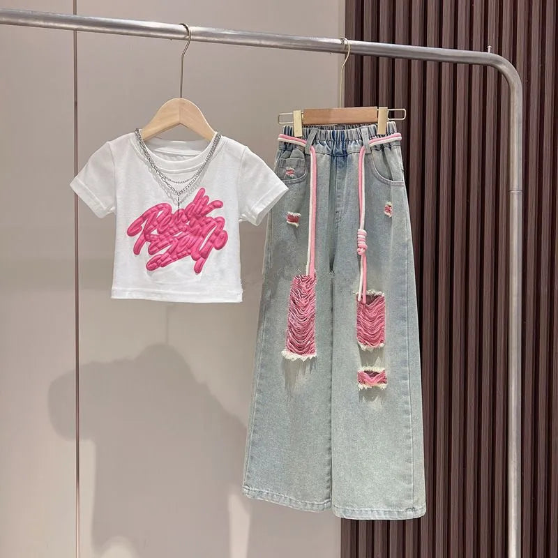 GIRL'S DIMENSIONAL GRAFFITI S WIDE-LEG RIPPOED JEANS 2PCS SET