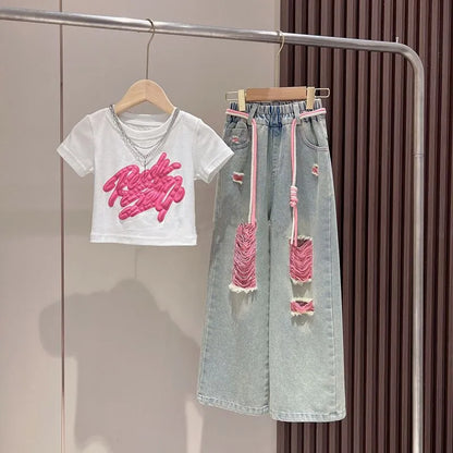 GIRL'S DIMENSIONAL GRAFFITI S WIDE-LEG RIPPOED JEANS 2PCS SET