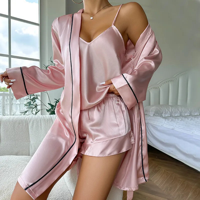 LADIES SOLID CAMISOLE LOOSE ROBE PYJAMAS 3PCS  SET