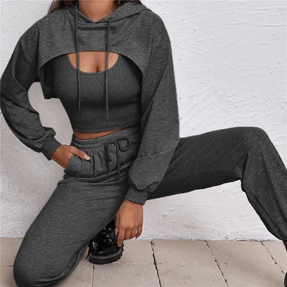 LADIES FASHION SOLID COLOR TANK TOP HOODIE AND PANTS 3PCS SET