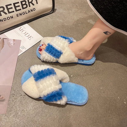 LADIES COLORBLOCK FLAT TOE PLUSH COTTON SLIPPERS