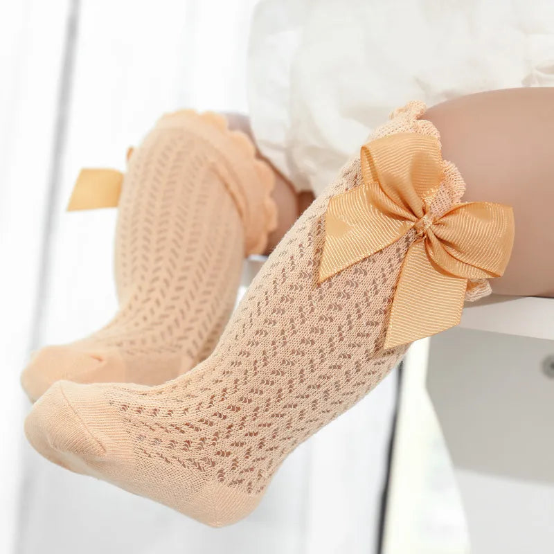 GIRL'S CUTE BOW SOLID MESH MID-CALF SOCKS