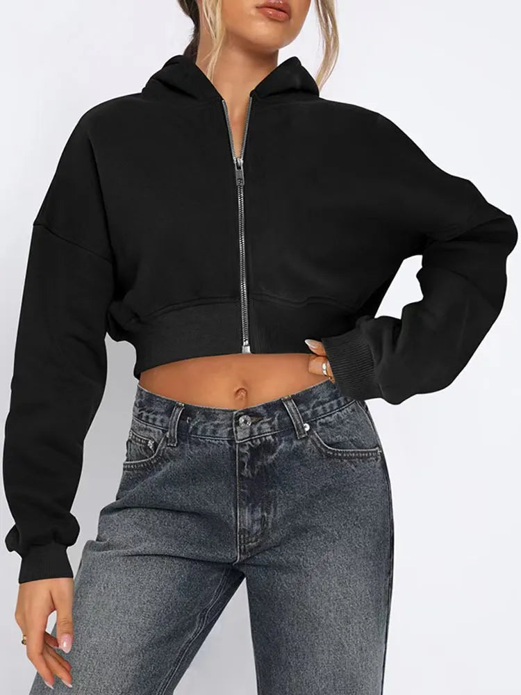 LADIES CASUAL SOLID LONG-SLEEVE ZIP-UP LOOSE HOODIES