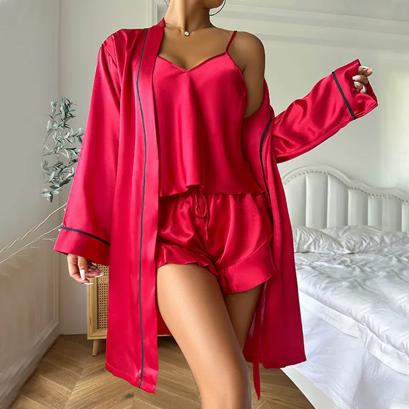 LADIES SOLID CAMISOLE LOOSE ROBE PYJAMAS 3PCS  SET