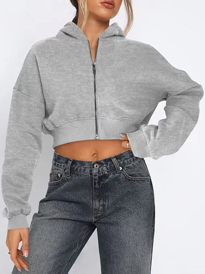 LADIES CASUAL SOLID LONG-SLEEVE ZIP-UP LOOSE HOODIES