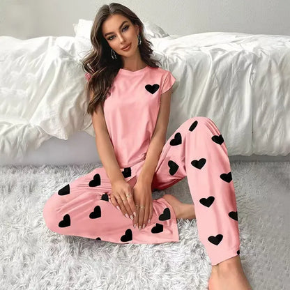 LADIES  CAUAL PRINTED LOVE LOOSE PANTS PYJAMAS 2PCS SET