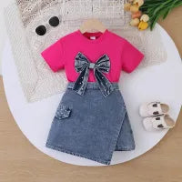 GIRLS  CASUAL BOW-KNOT PEARL SHORT-SLEEVE DENIM SKIRT 2PCS SET