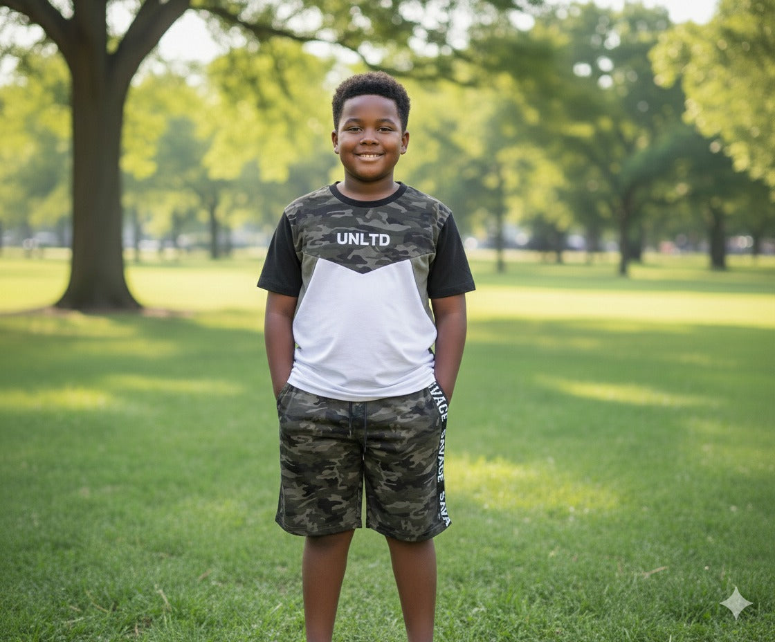 Boy in two piece outfit. 