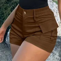 LADIES SOLID HIGH WAIST BUTTON POCKET SHORTS