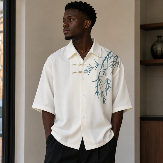MEN'S BAMBOO EMBROIDERED LAPEL  LOOSE SHIRT