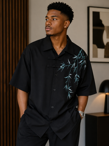 MEN'S BAMBOO EMBROIDERED LAPEL  LOOSE SHIRT