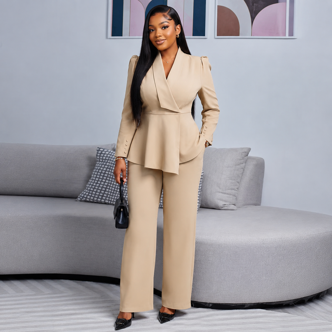 LADIES TEMPERAMENT SOLID BLAZER  2PCS SET