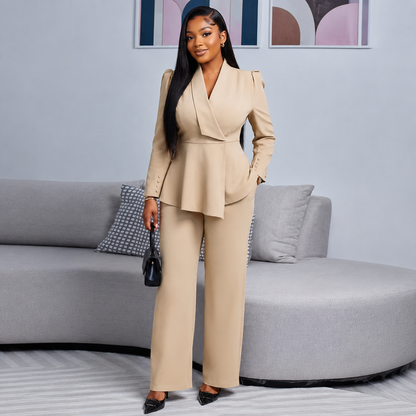 LADIES TEMPERAMENT SOLID BLAZER  2PCS SET