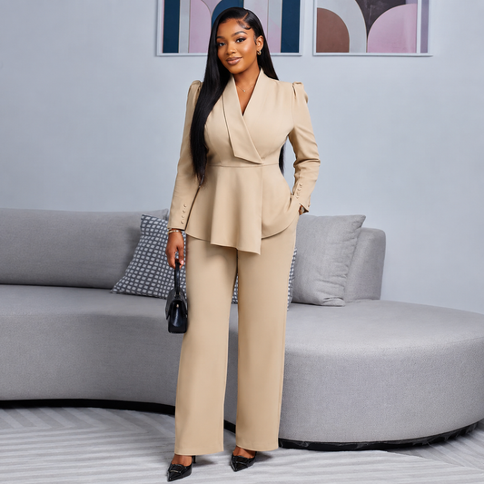 LADIES TEMPERAMENT SOLID BLAZER  2PCS SET