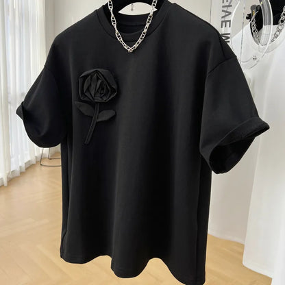 LADIES CASUAL FLOWER  COTTON ROUND NECK T-SHIRT