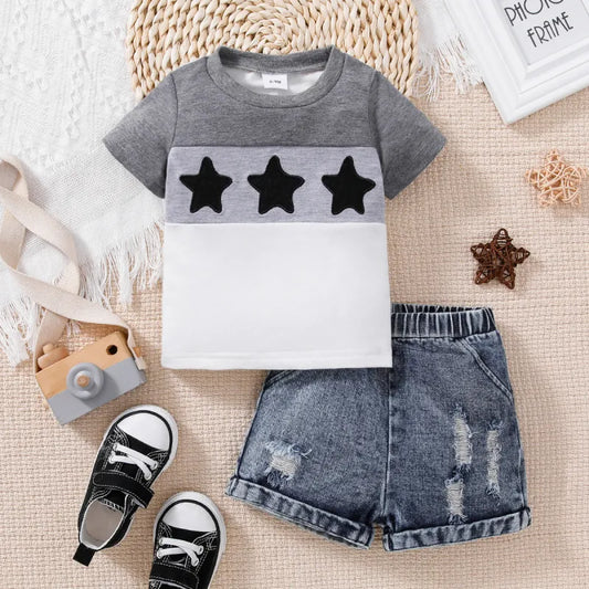 BOY'S SHORT  SLEEVE T-SHIRT AND DENIM SHORT 2PCS SET