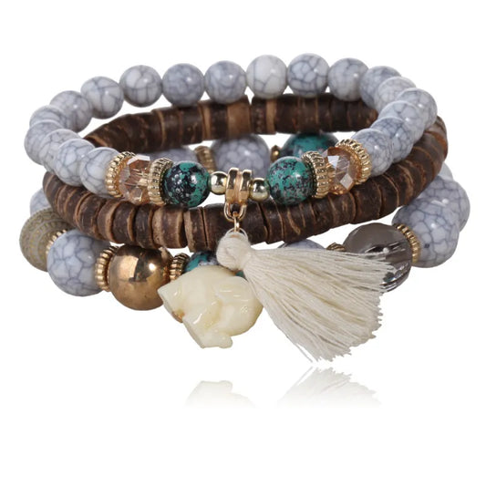 LADIES BOHO BEADED WOODEN BRACELET SET