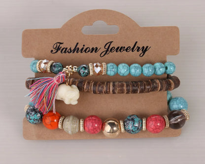 LADIES BOHO BEADED WOODEN BRACELET SET