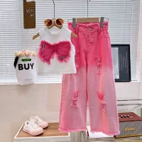 GIRLS CASUAL SUMMER SLEEVELESS BOWKNOT TANK TOP JEANS 2PCS SET