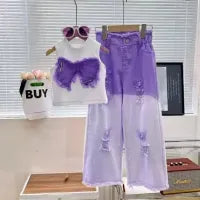 GIRLS CASUAL SUMMER SLEEVELESS BOWKNOT TANK TOP JEANS 2PCS SET