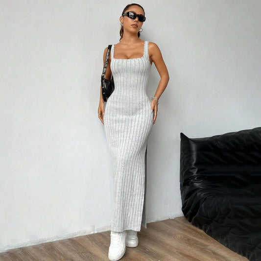 LADIES SEXY STRIPE SLEEVELESS SPLIT DRESS