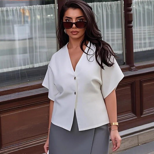 LADIES ELEGANT TWO-BUTTON SHORT-SLEEVE BLOUSE