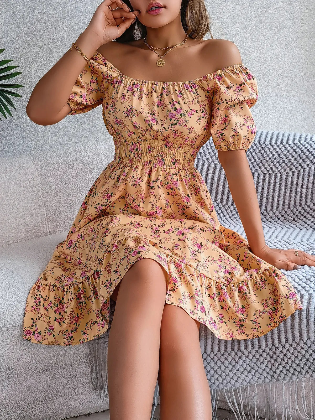 LADIES SEXY FLOWER SQUARE COLLAR  WAIST DRESS