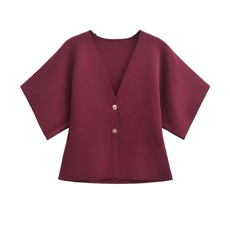 LADIES CASUAL SOLID V-NECK KNITTED JACKET  BLOUSE
