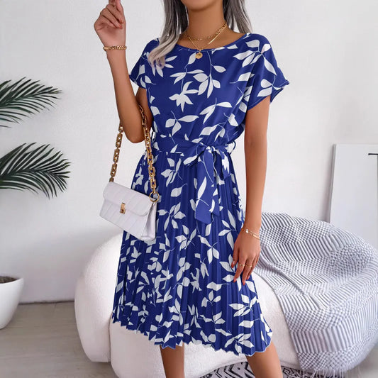 LADIES SHORT-SLEEVE PLEATED DRESS