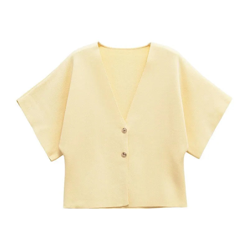 LADIES CASUAL SOLID V-NECK KNITTED JACKET  BLOUSE