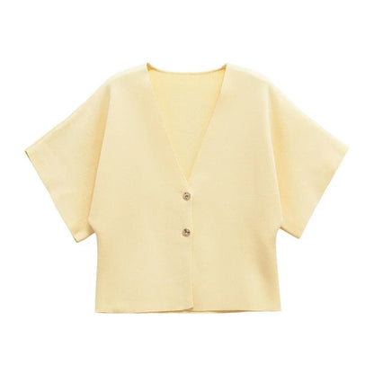 LADIES CASUAL SOLID V-NECK KNITTED JACKET  BLOUSE