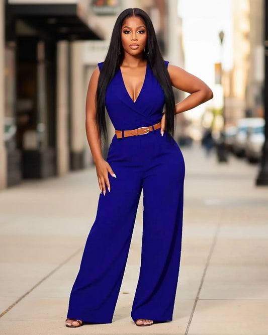 LADIES SLEEVELESS WIDE LEG JUMPSUIT WITH BELT