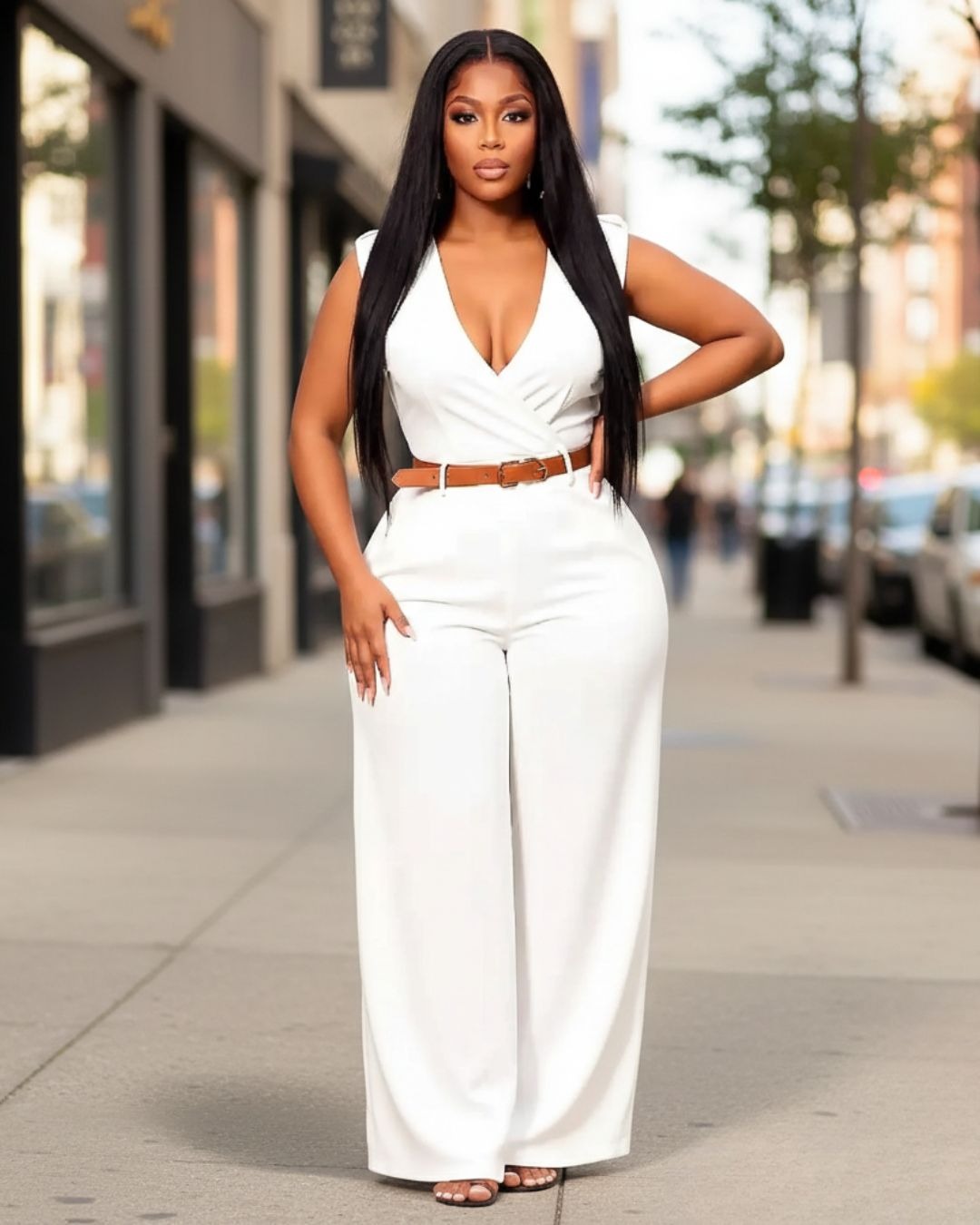 LADIES SLEEVELESS WIDE LEG JUMPSUIT WITH BELT