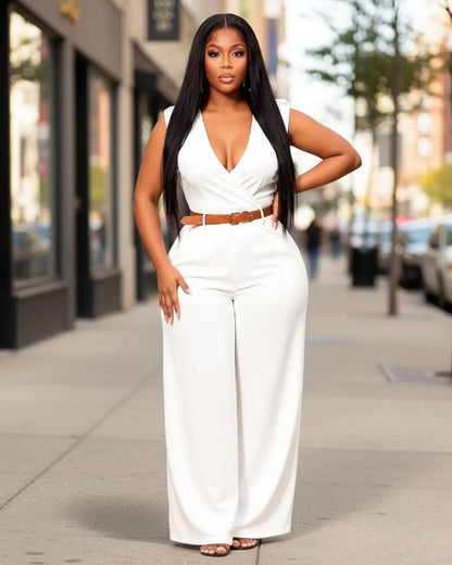 LADIES SLEEVELESS WIDE LEG JUMPSUIT WITH BELT